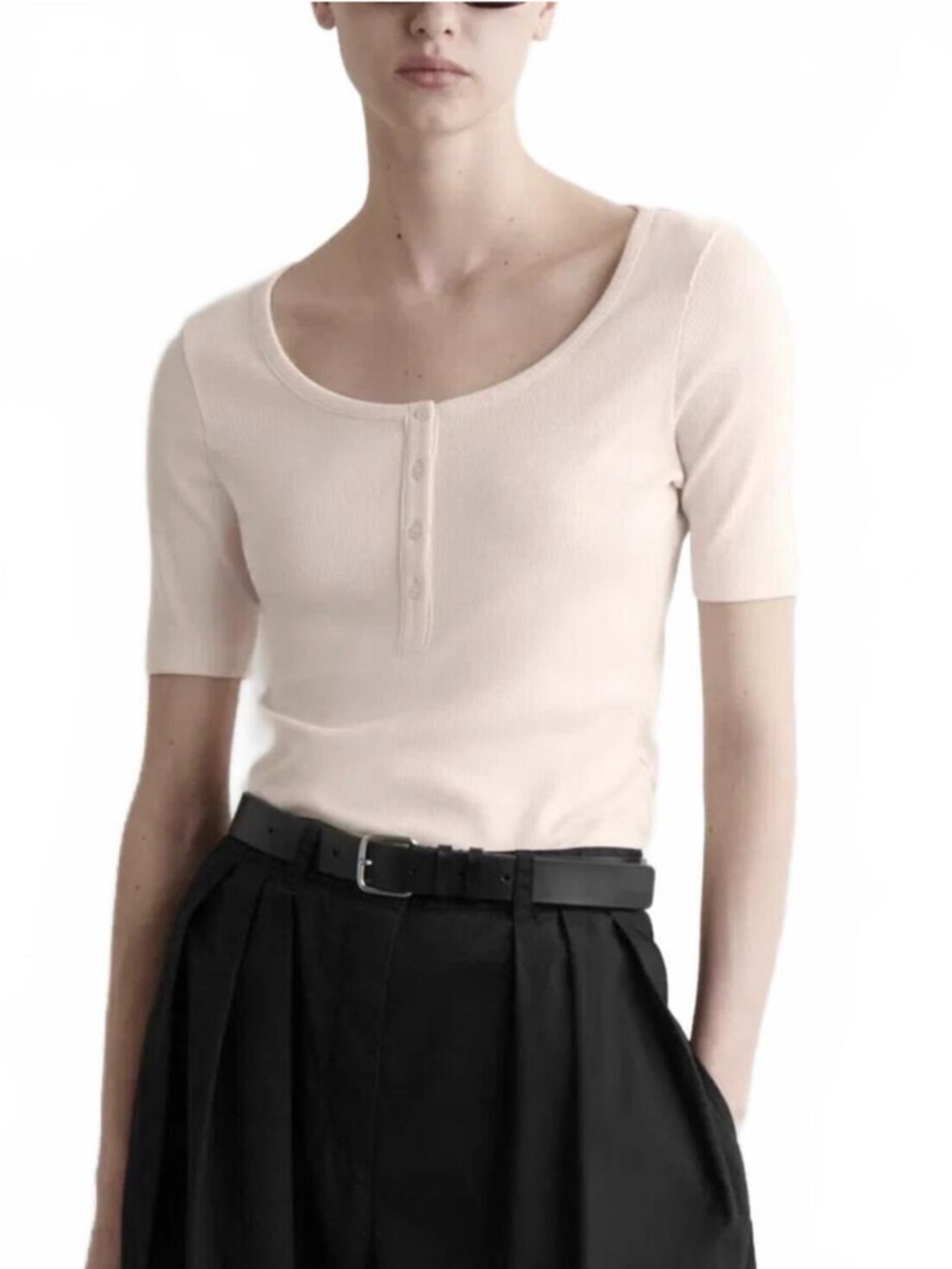 COS Short Sleeve Ribbed Henley Top in Pale Pink